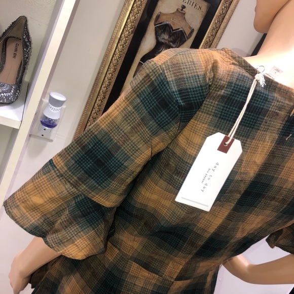 Day To Day Blu Pepper NWT! Darlah Green/Yellow Plaid Wrap Waist Tie Ruffle Dress - Picture 6 of 13